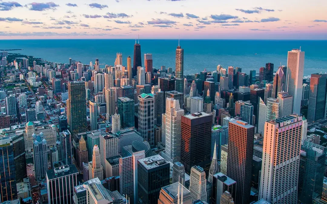 The city of Chicago, downtown and skyscraper view.