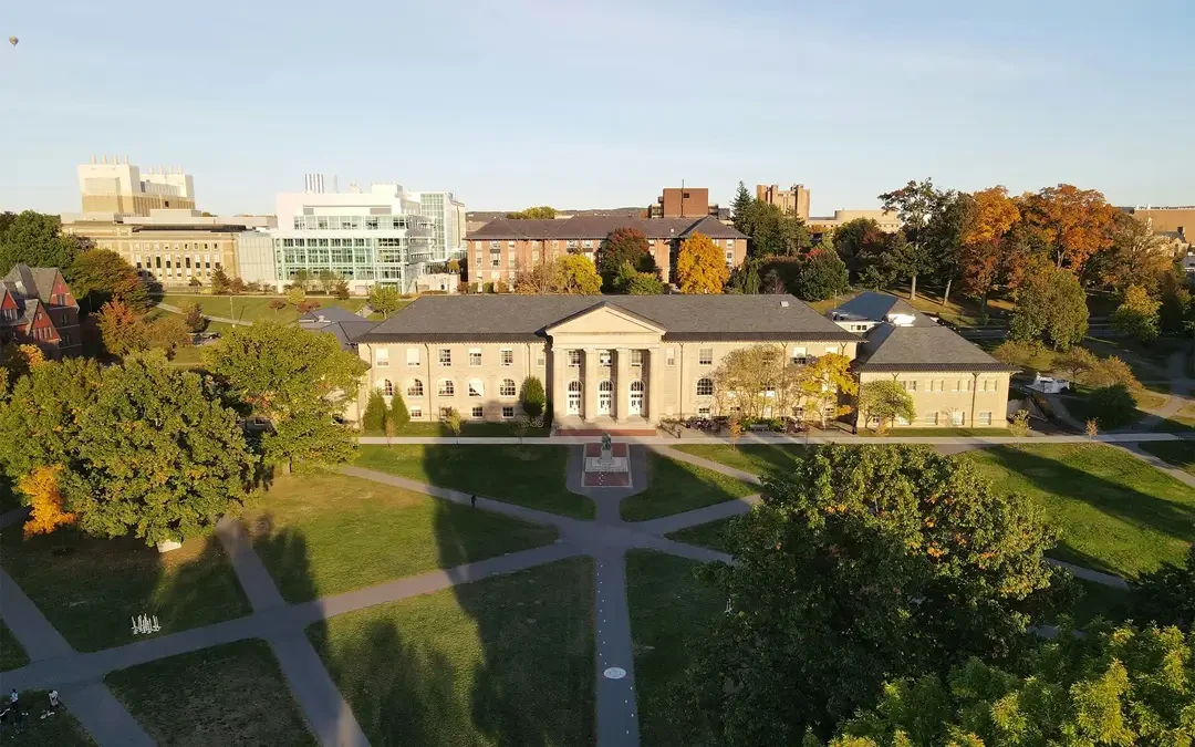 An aerial view of the Cornell University Campus, Ithaca, New York